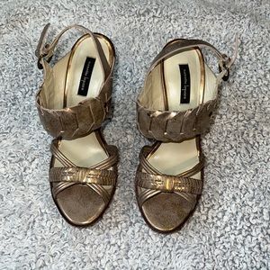 Size 6 Nanette lepore heels used goldish color with wood-like  heel